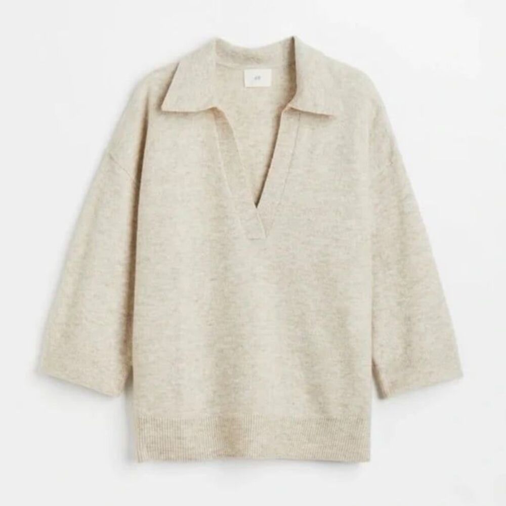 H&M wool blend collared oatmeal neutral knit oversized sweater